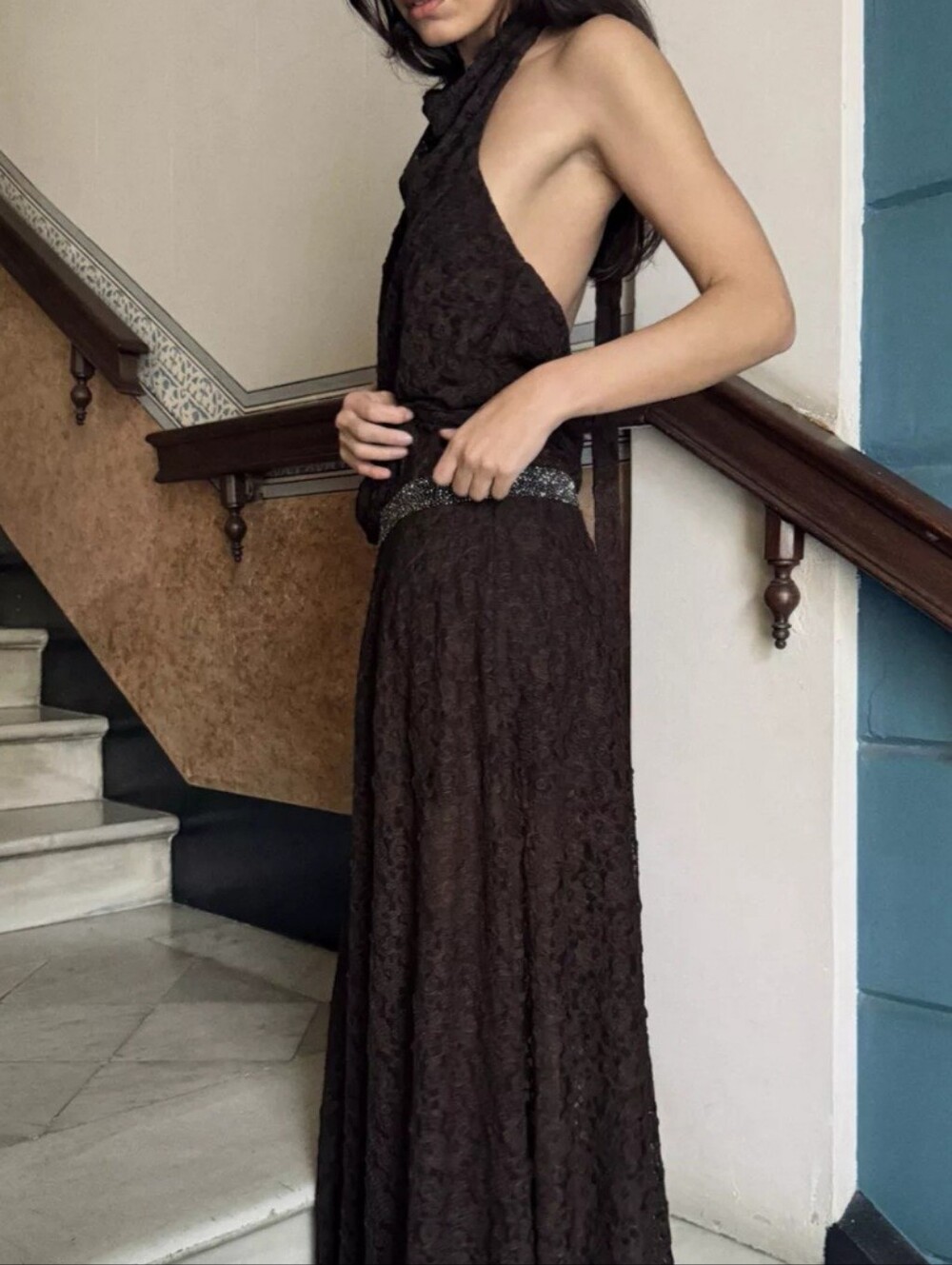 Zara Elegant Black Lace Halter Evening Dress Size M